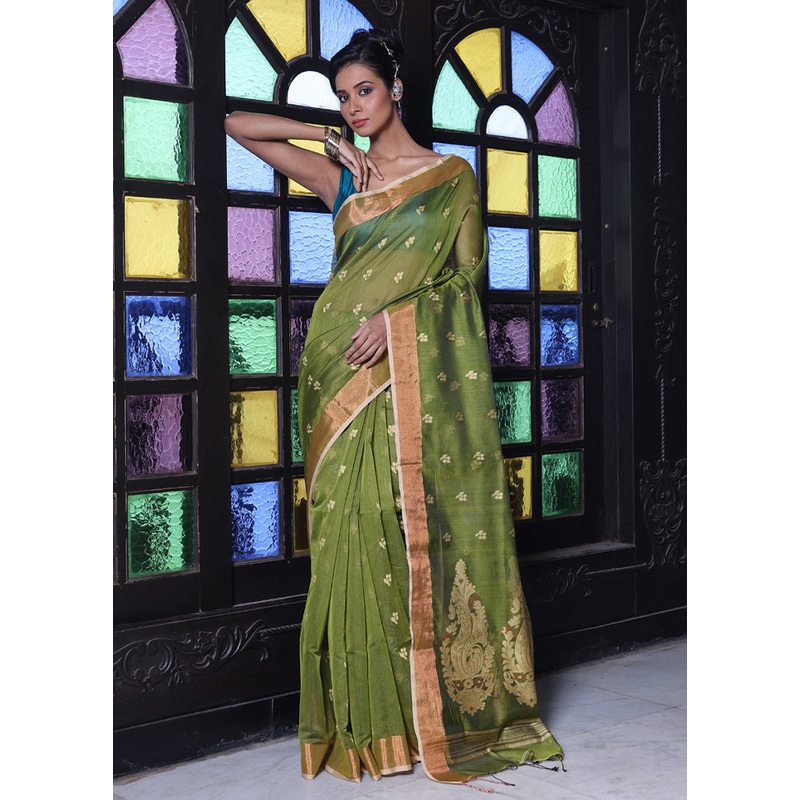 Mehendi Pure Cotton Saree With Blouse Piece - JD986606591