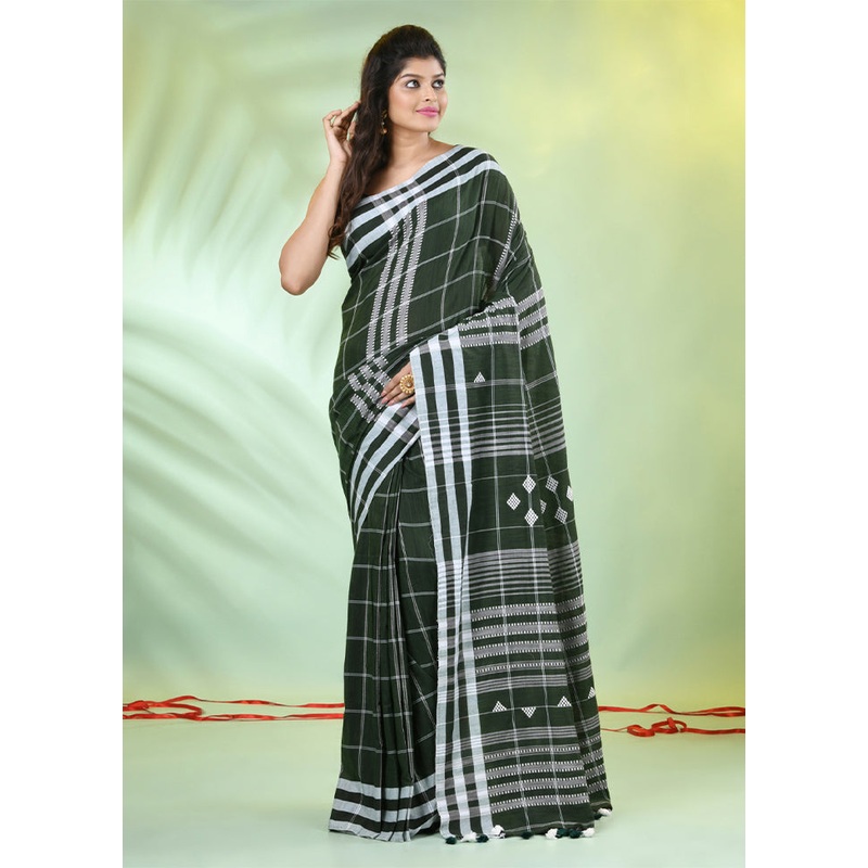 Moss Green Cotton Saree With Blouse Piece - JD986606589
