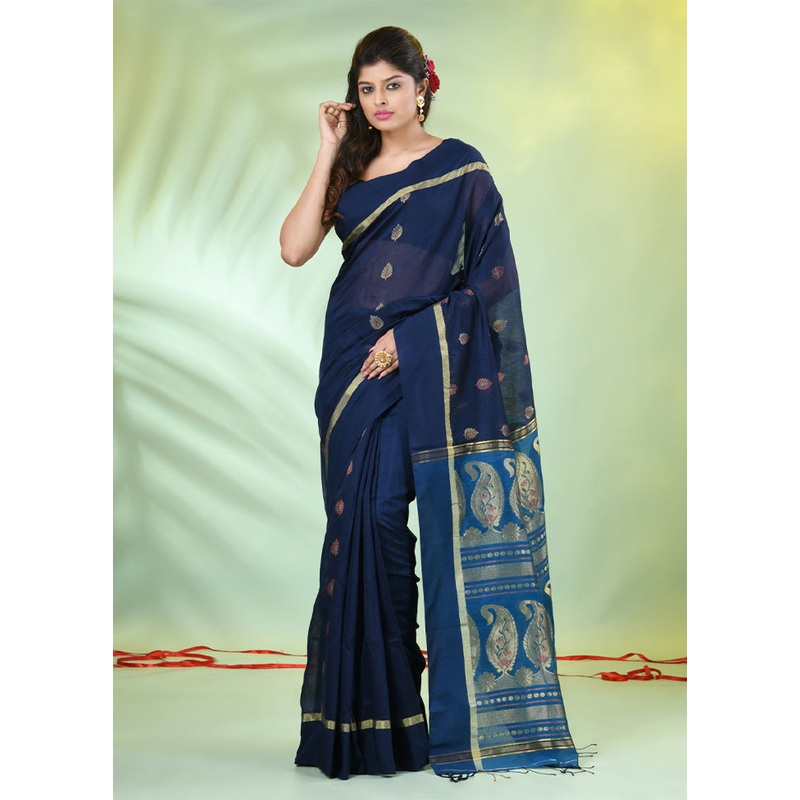 Navy Blue Pure Cotton Saree With Blouse Piece - JD986606582