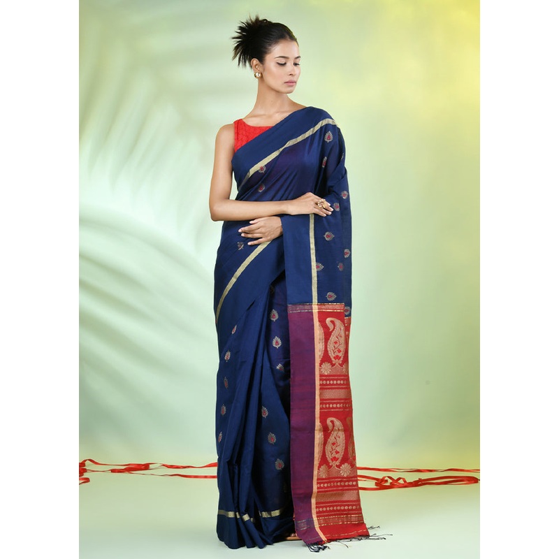 Navy Blue Pure Cotton Saree With Blouse Piece - JD986606583