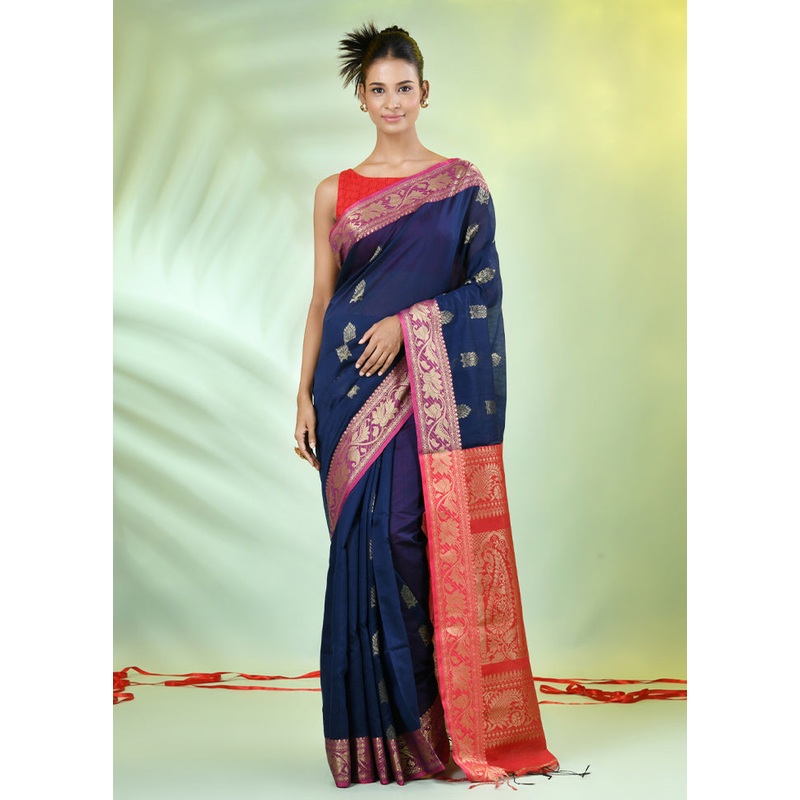 Navy Blue Pure Cotton Saree With Blouse Piece - JD986606584