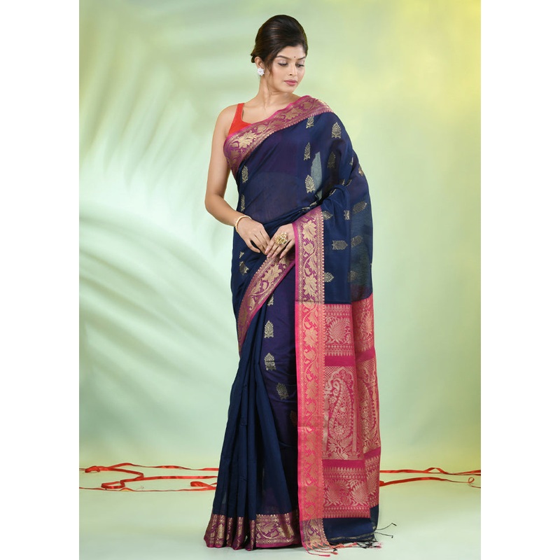 Navy Blue Pure Cotton Saree With Blouse Piece - JD986606585