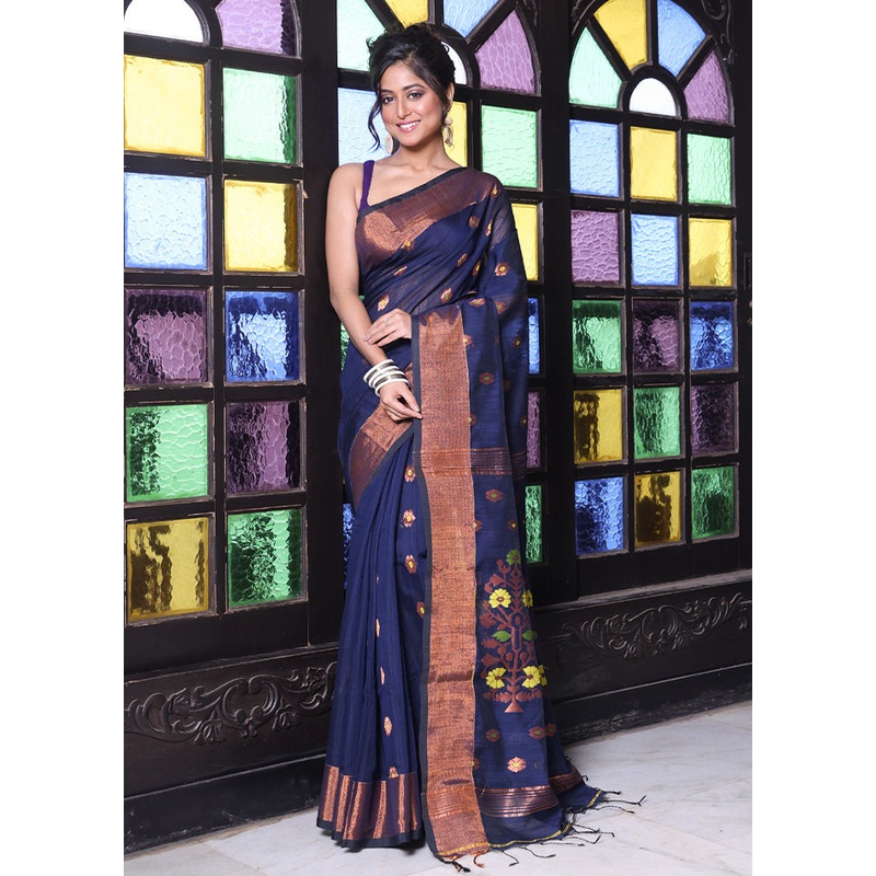 Navy Blue Pure Cotton Saree With Blouse Piece - JD986606586