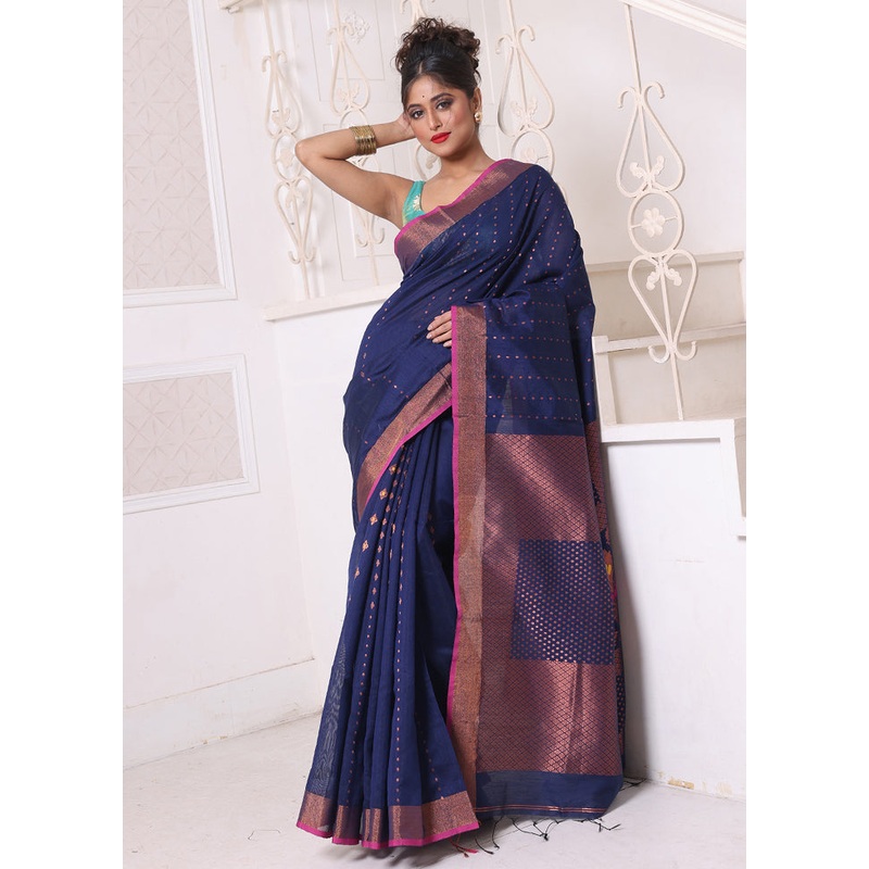 Navy Blue Pure Cotton Saree With Blouse Piece - JD986606587