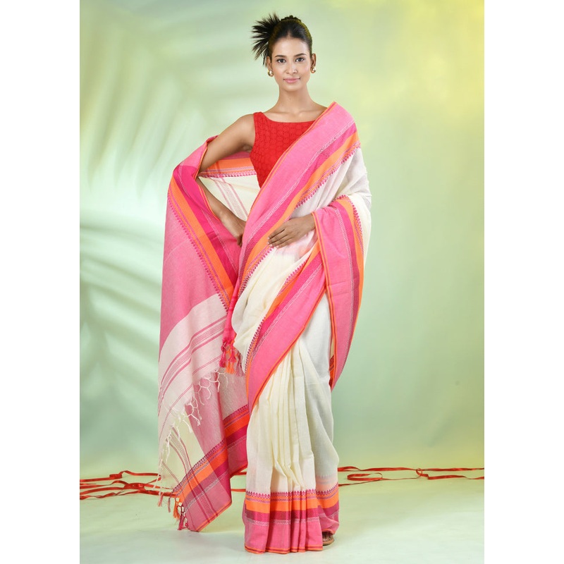Off White Cotton Saree With Blouse Piece - JD986606579