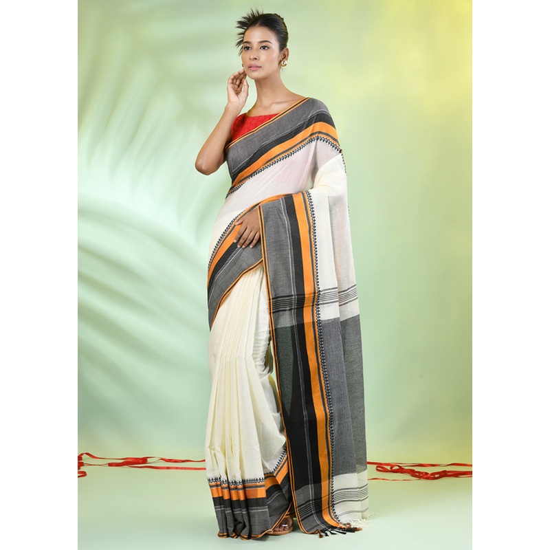 Off White Cotton Saree With Blouse Piece - JD986606580