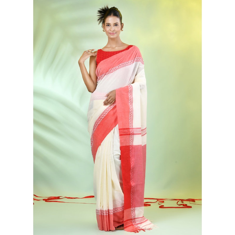 Off White Cotton Saree With Blouse Piece - JD986606581