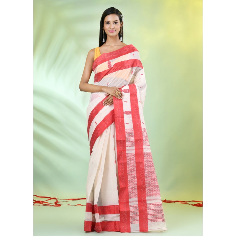 Off White Pure Cotton Foilage Woven Saree Without Blouse Piece - JD986606577