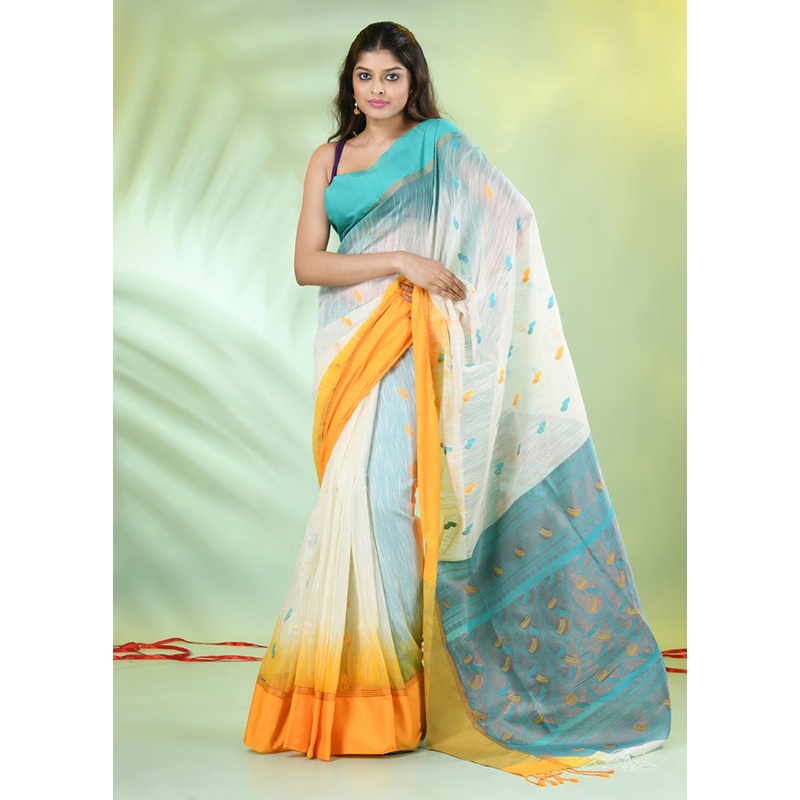 Off White Pure Cotton Saree With Blouse Piece - JD986606572