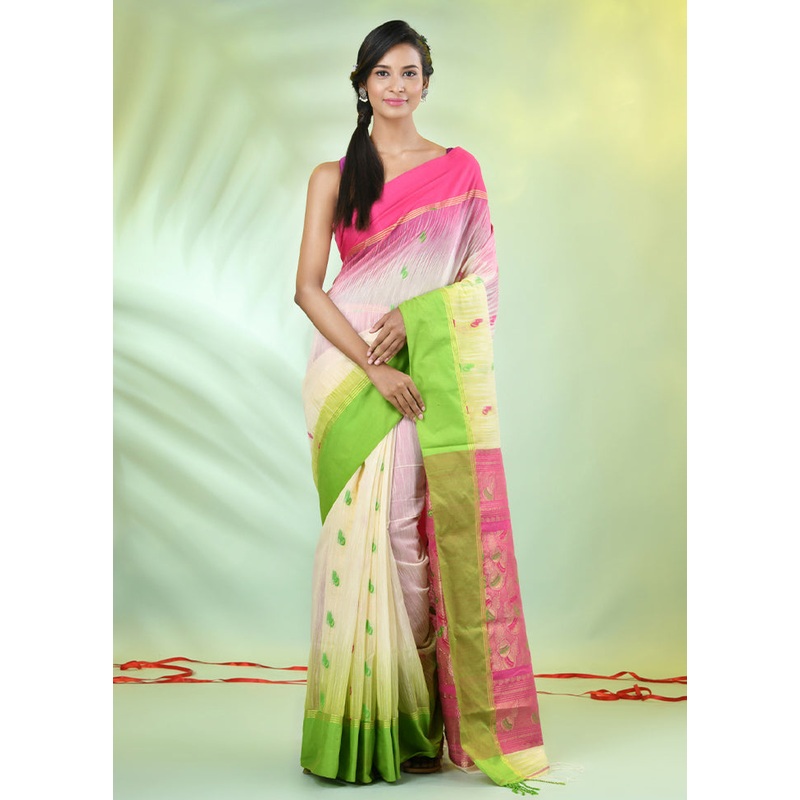 Off White Pure Cotton Saree With Blouse Piece - JD986606573