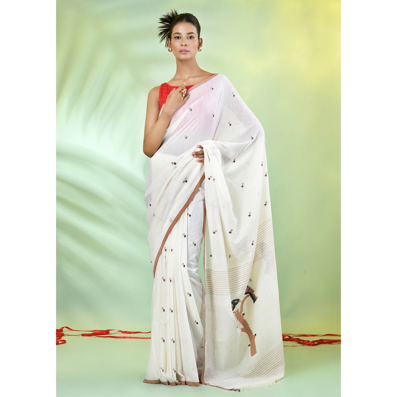 Off White Pure Cotton Saree With Blouse Piece - JD986606574