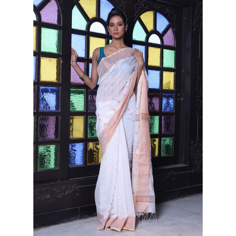 Off White Pure Cotton Saree With Blouse Piece - JD986606575