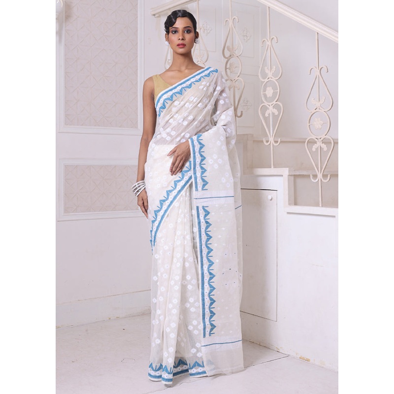 Off White Pure Cotton Texture Saree Without Blouse Piece - JD986606568