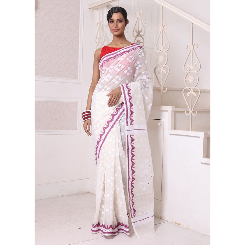 Off White Pure Cotton Texture Saree Without Blouse Piece - JD986606569