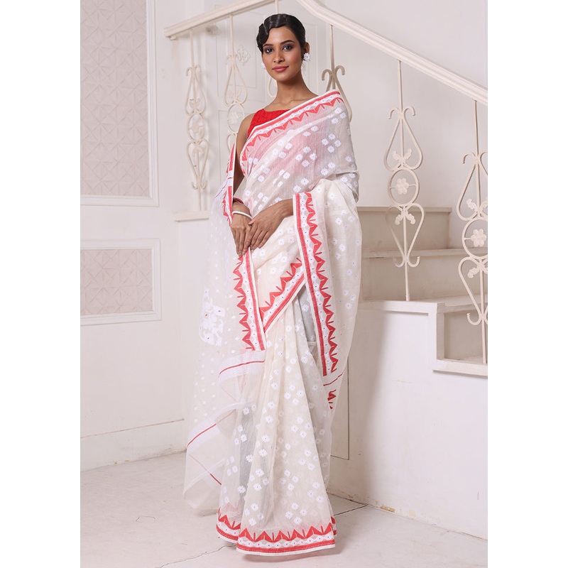 Off White Pure Cotton Texture Saree Without Blouse Piece - JD986606570