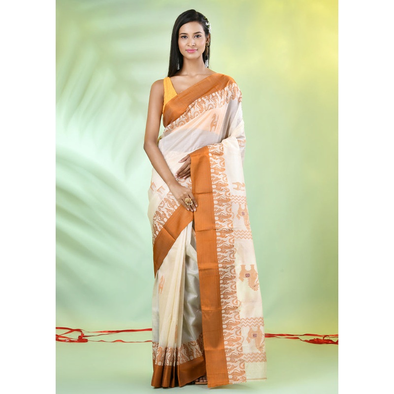 Off White Tussar Pure Silk Horse Motifs Woven Saree Without Blouse Piece - JD986606566