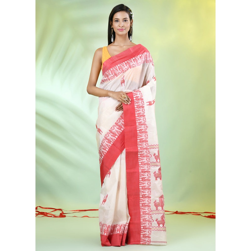 Off White Tussar Pure Silk Horse Motifs Woven Saree Without Blouse Piece - JD986606567