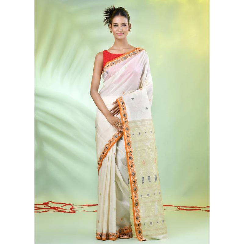 Off White Tussar Silk Texture Motifs Woven Saree Without Blouse Piece - JD986606564