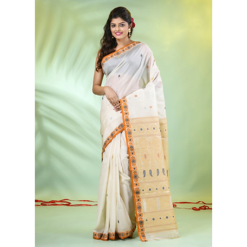 Off White Tussar Silk Texture Motifs Woven Saree Without Blouse Piece - JD986606565