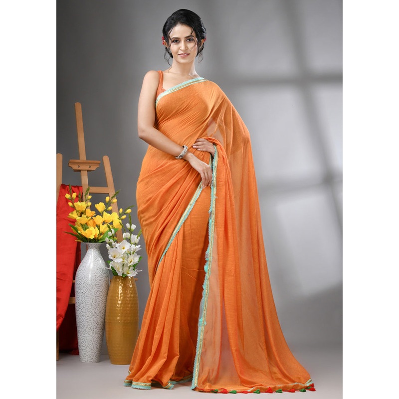 Orange Cotton Solid Saree Without Blouse Piece - JD986606561
