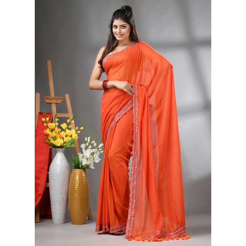 Orange Cotton Solid Saree Without Blouse Piece - JD986606562