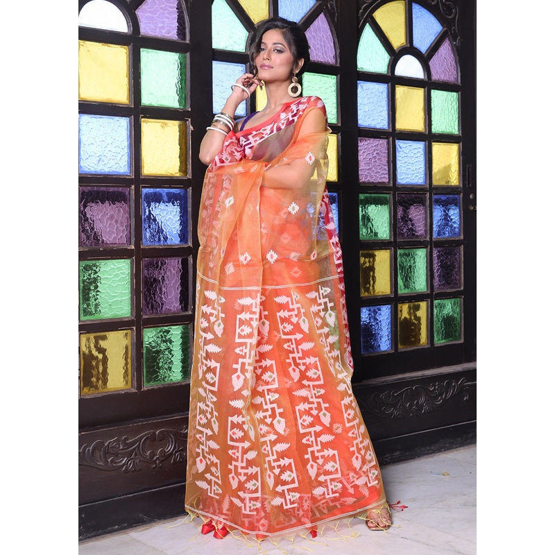 Orange Spun Silk Saree With Blouse Piece - JD986606559