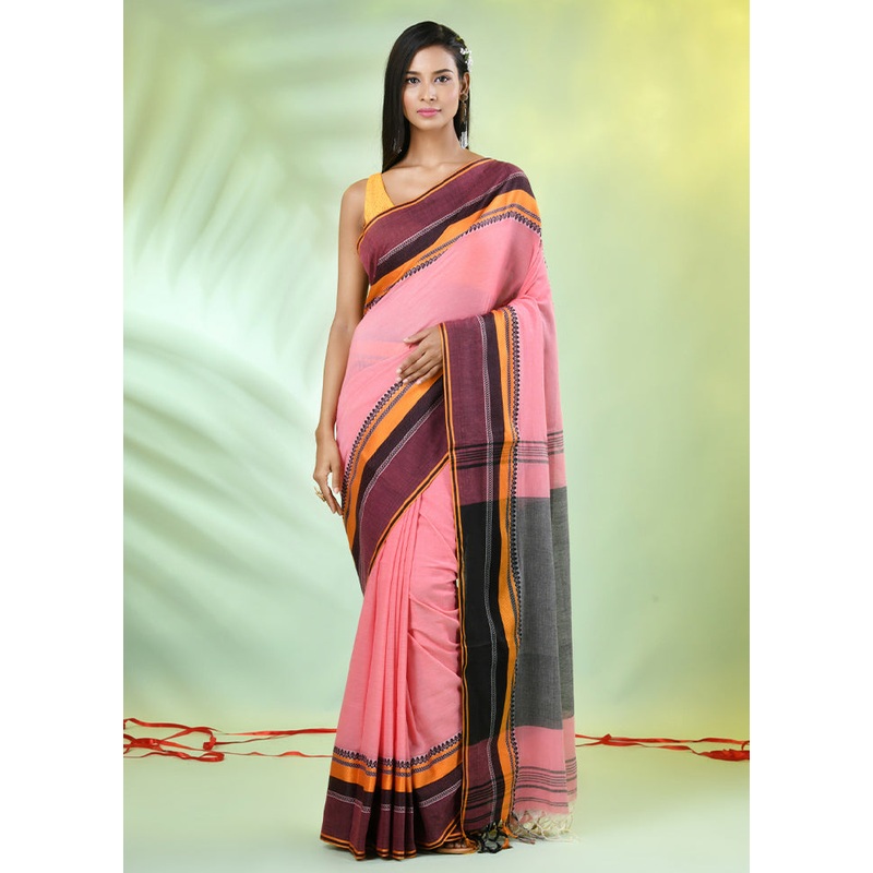 Peach Cotton Saree With Blouse Piece - JD986606558
