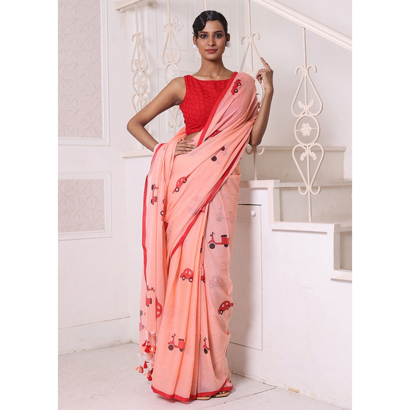 Peach Cotton Uber Print Saree Without Blouse Piece - JD986606557