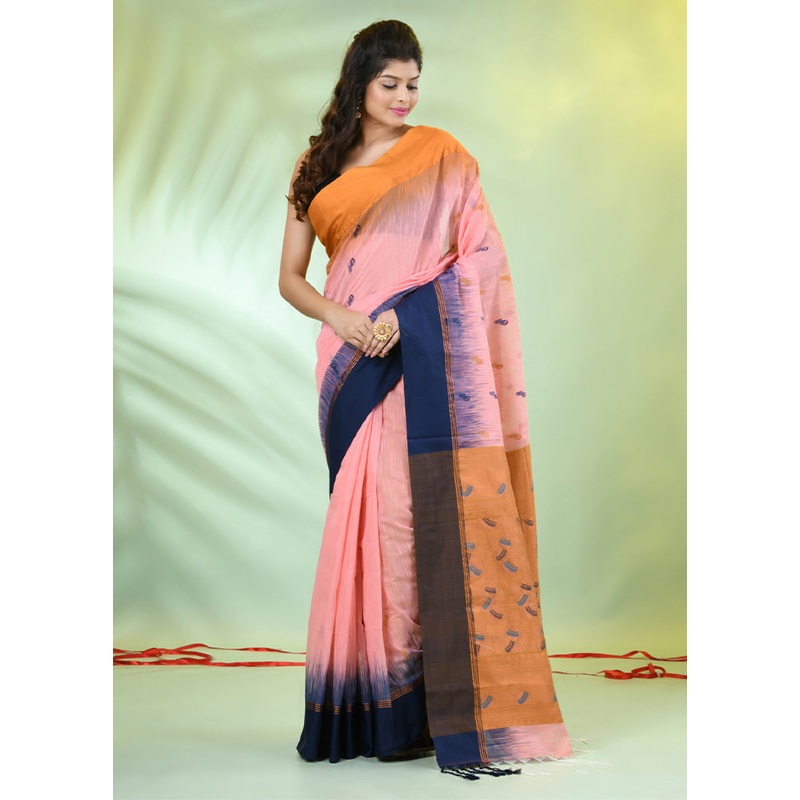 Peach Pure Cotton Saree With Blouse Piece - JD986606556