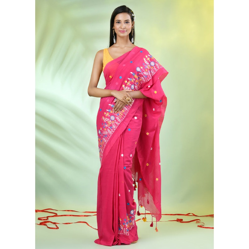 Pink Cotton Saree With Blouse Piece - JD986606553