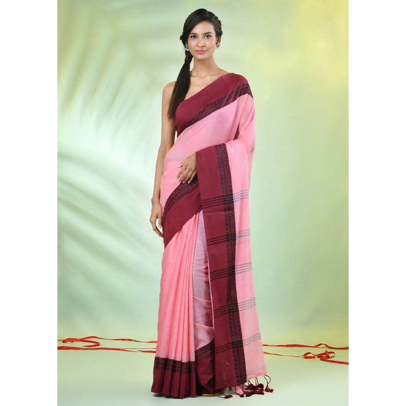 Pink Cotton Saree With Blouse Piece - JD986606554