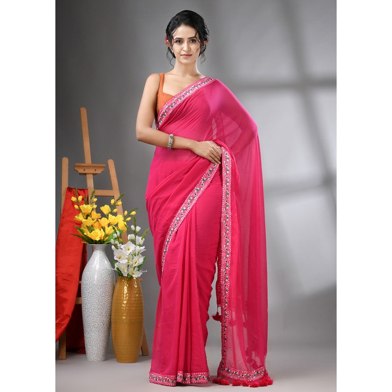 Pink Cotton Solid Saree Without Blouse Piece - JD986606551