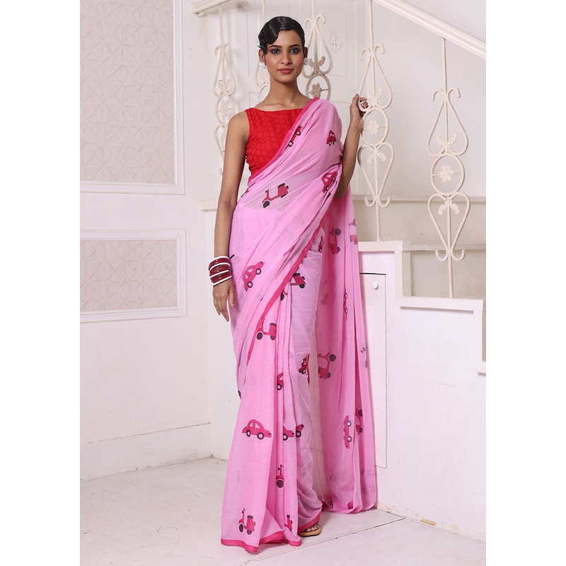Pink Cotton Uber Print Saree Without Blouse Piece - JD986606550