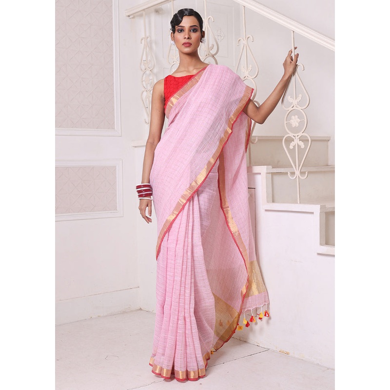 Pink Linen Silk Saree With Blouse Piece - JD986606549