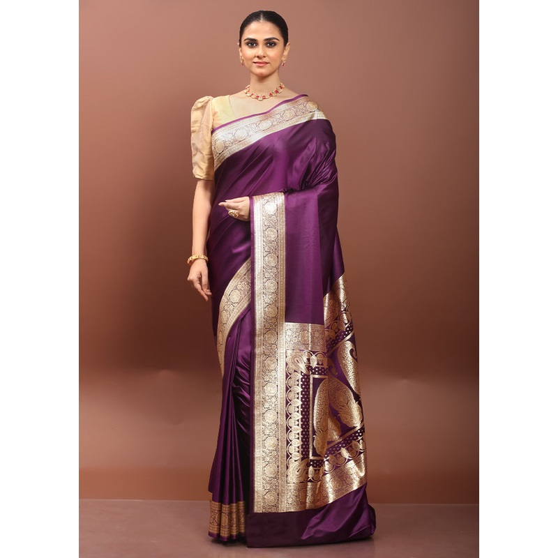 Purple Banarasi Silk Saree With Blouse Piece - JD986606523