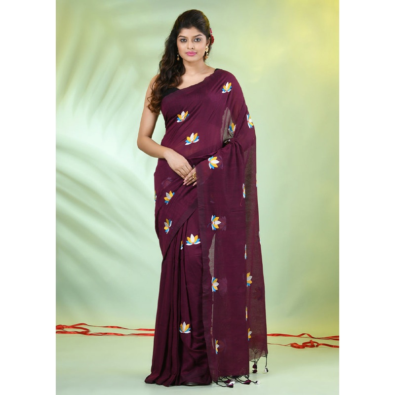 Purple Cotton Saree With Blouse Piece - JD986606547