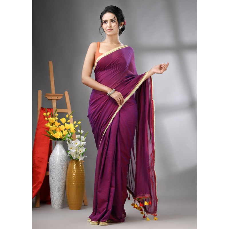 Purple Cotton Solid Saree Without Blouse Piece - JD986606546