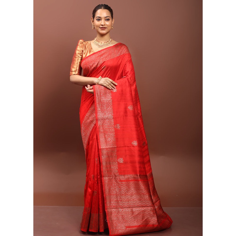 Red Handloom Tussar Pure Silk Saree With Blouse Piece - JD986606521