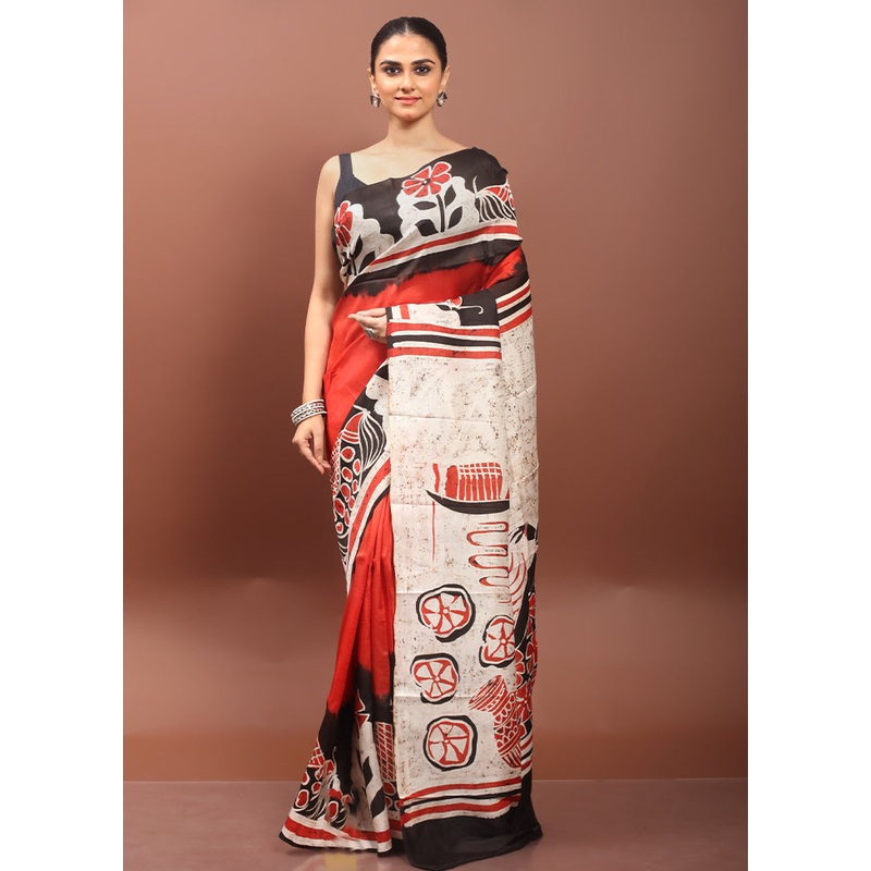 Red Printed Pure Silk Saree Without Blouse Piece - JD986606520