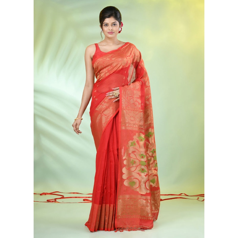 Red Pure Cotton Saree With Blouse Piece - JD986606537