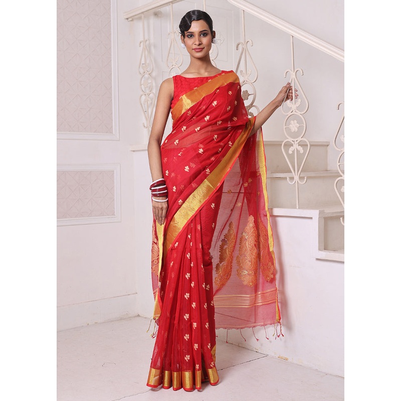 Red Pure Cotton Saree With Blouse Piece - JD986606538
