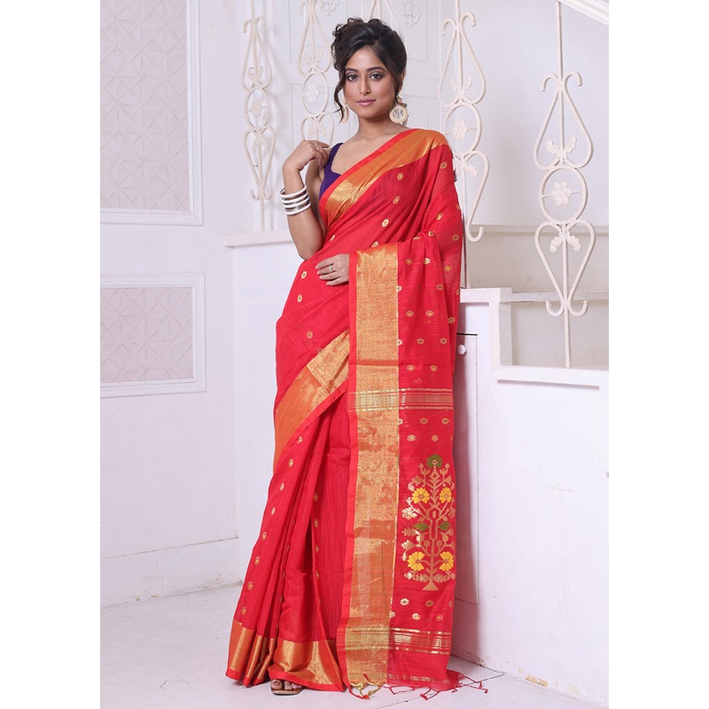 Red Pure Cotton Saree With Blouse Piece - JD986606539