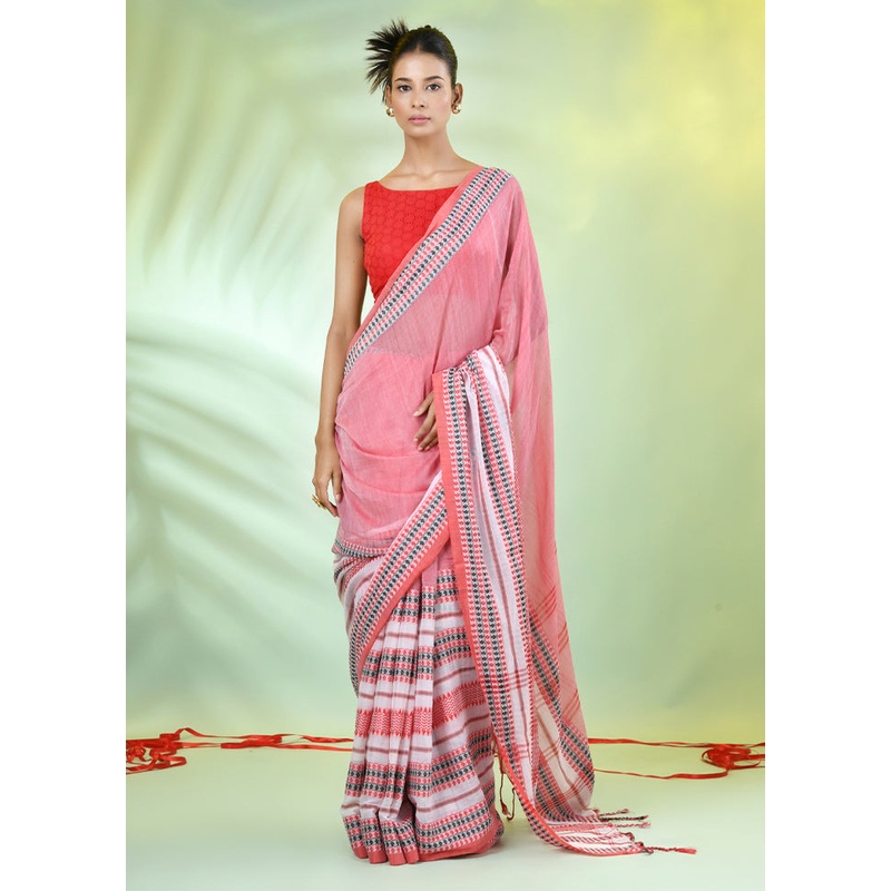 Rose Pink Cotton Saree With Blouse Piece - JD986606535