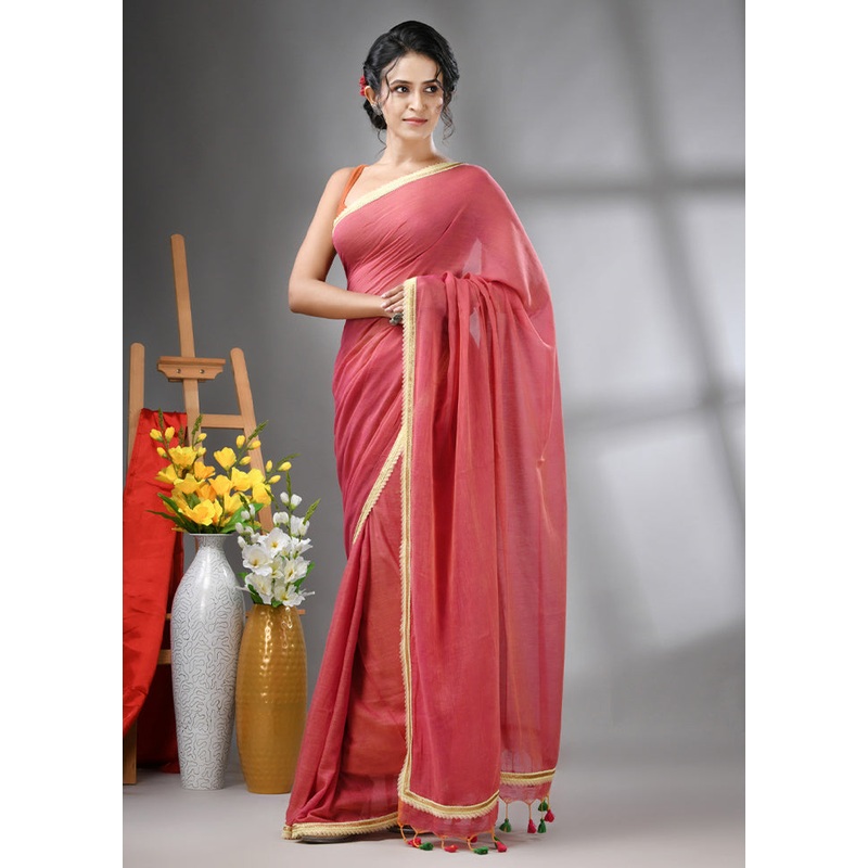 Salmon Pink Cotton Solid Saree Without Blouse Piece - JD986606534