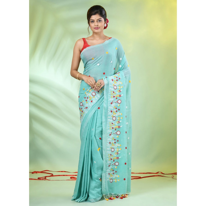Sea Green Cotton Saree With Blouse Piece - JD986606531