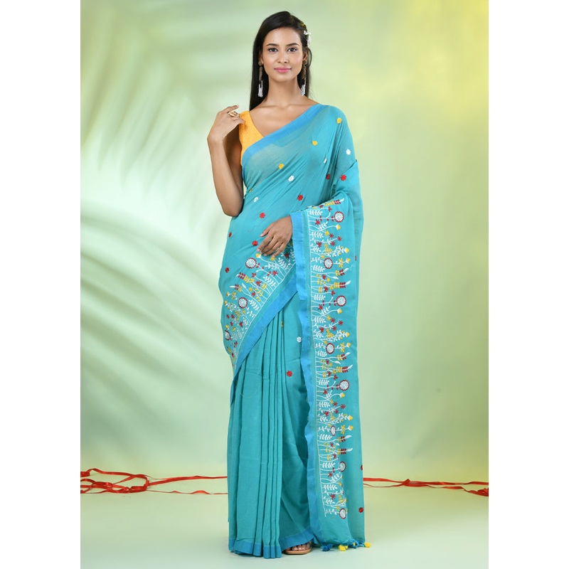 Sea Green Cotton Saree With Blouse Piece - JD986606532