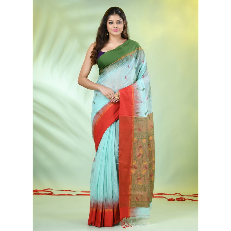 Sea Green Pure Cotton Saree With Blouse Piece - JD986606528