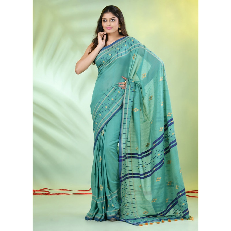 Sea Green Pure Cotton Saree With Blouse Piece - JD986606530