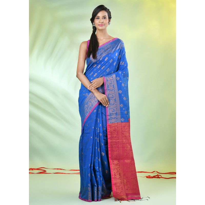 Sky Blue Cotton Saree With Blouse Piece - JD986606526