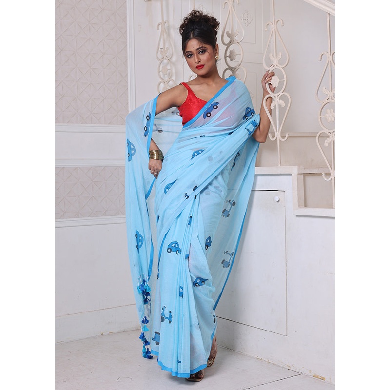 Sky Blue Cotton Uber Print Saree Without Blouse Piece - JD986606525